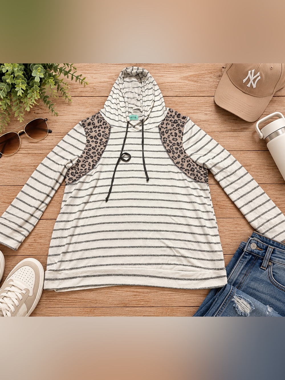 P.S. Kate 3X Striped Leopard Print Hoodie Pullover Plus Size